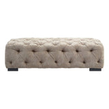 Rectangular footstool upholstered in natural fabric with tufted detailing and button accents, featuring a sturdy base and dark wooden legs
