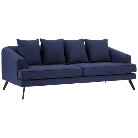 Navy fabric 3-seater sofa with four plush cushions and sleek metal legs, featuring a modern design and clean lines