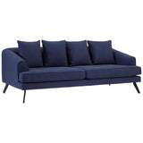 Navy fabric 3-seater sofa with four plush cushions and sleek metal legs, featuring a modern design and clean lines