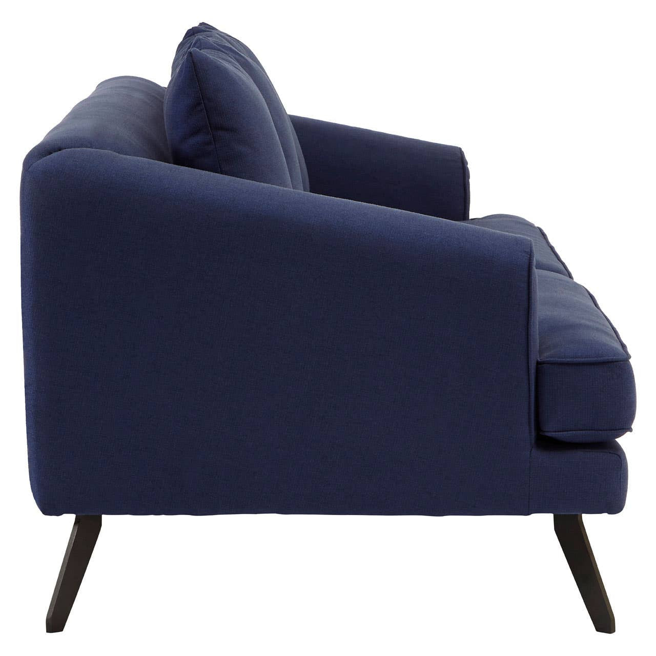 Navy fabric three-seater sofa with a sleek design, featuring two back cushions and tapered wooden legs, showcasing a modern profile from the side view