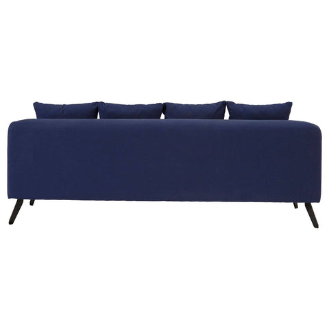 Navy fabric three-seater sofa with a sleek design, featuring four back cushions and tapered wooden legs, showcasing a modern and minimalist aesthetic