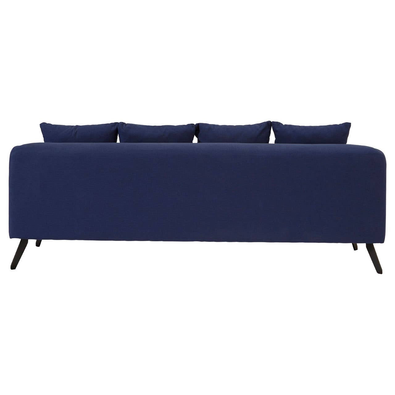 Navy fabric three-seater sofa with a sleek design, featuring four back cushions and tapered wooden legs, showcasing a modern and minimalist aesthetic