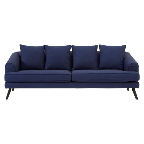 Navy fabric three-seater sofa featuring a sleek design with four plush cushions and tapered wooden legs, ideal for modern living spaces