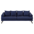 Navy fabric three-seater sofa featuring a sleek design with four plush cushions and tapered wooden legs, ideal for modern living spaces