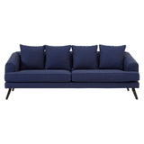 Navy fabric three-seater sofa featuring a sleek design with four plush cushions and tapered wooden legs, ideal for modern living spaces