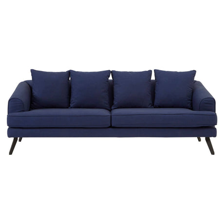 Navy fabric three-seater sofa featuring a sleek design with four plush cushions and tapered wooden legs, ideal for modern living spaces
