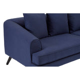 Navy fabric 3-seater sofa featuring a sleek design with rounded arms and three plush back cushions, supported by black wooden legs