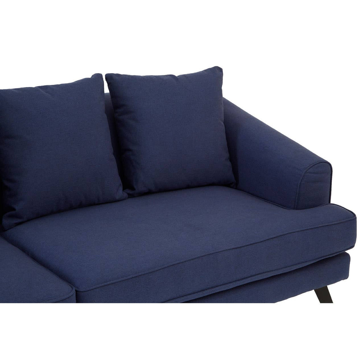 Navy blue fabric sofa with a modern design, featuring two plush back cushions and a sleek armrest on one side. The sofa has a low profile and is supported by sturdy legs, making it suitable for contemporary living spaces