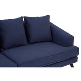 Navy blue fabric sofa with a modern design, featuring two plush back cushions and a sleek armrest on one side. The sofa has a low profile and is supported by sturdy legs, making it suitable for contemporary living spaces