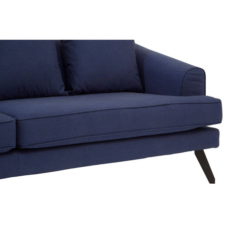 Navy fabric three-seater sofa with a modern design, featuring two back cushions and tapered wooden legs. The upholstery has a smooth texture, and the overall shape is sleek and contemporary