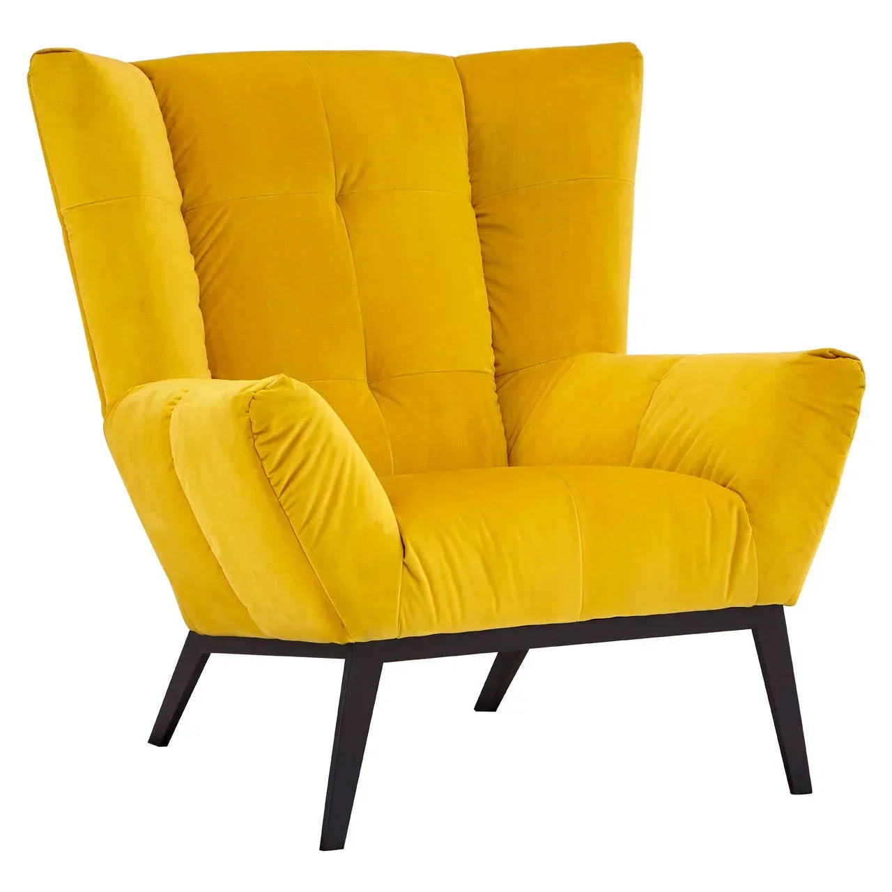Yellow velvet accent chair with tufted backrest and angled black legs