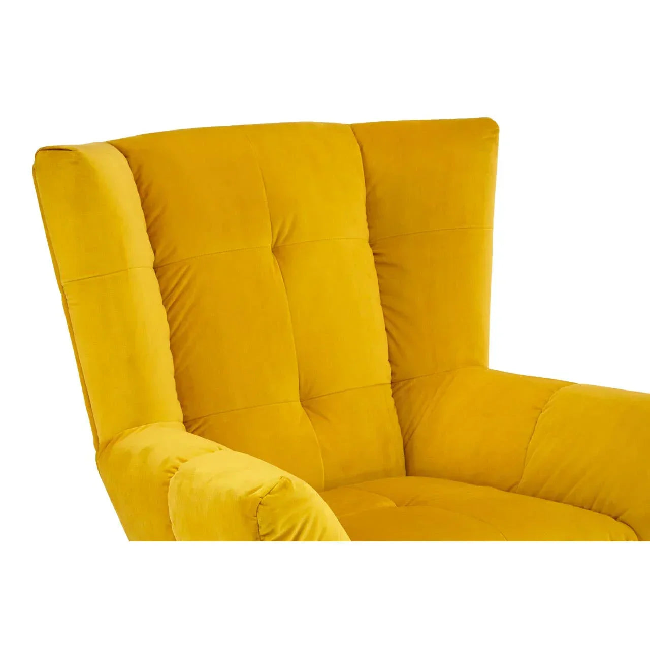 Yellow velvet accent chair with high back and tufted upholstery, close-up view