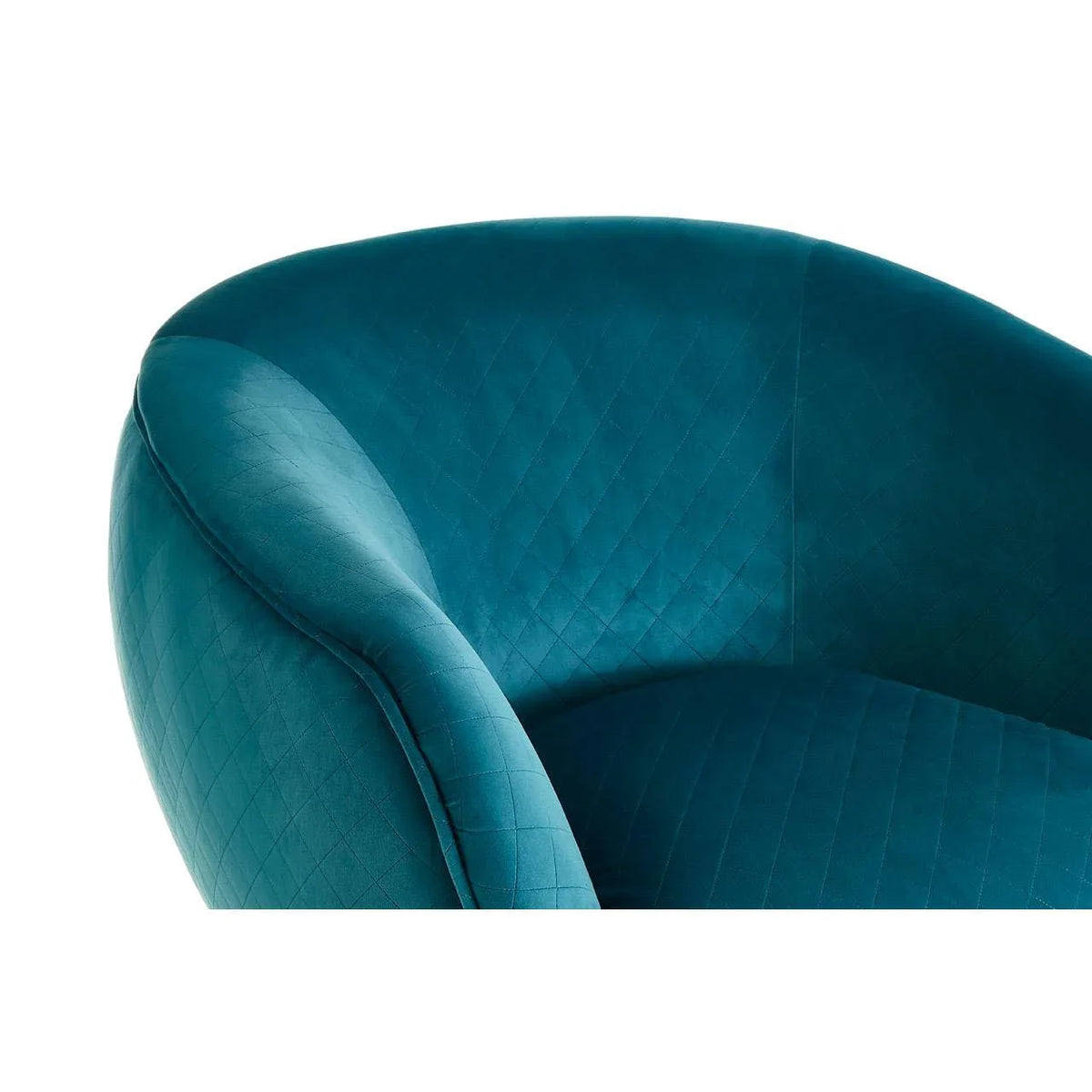 Teal velvet armchair with quilted diamond stitching and curved backrest, close-up view