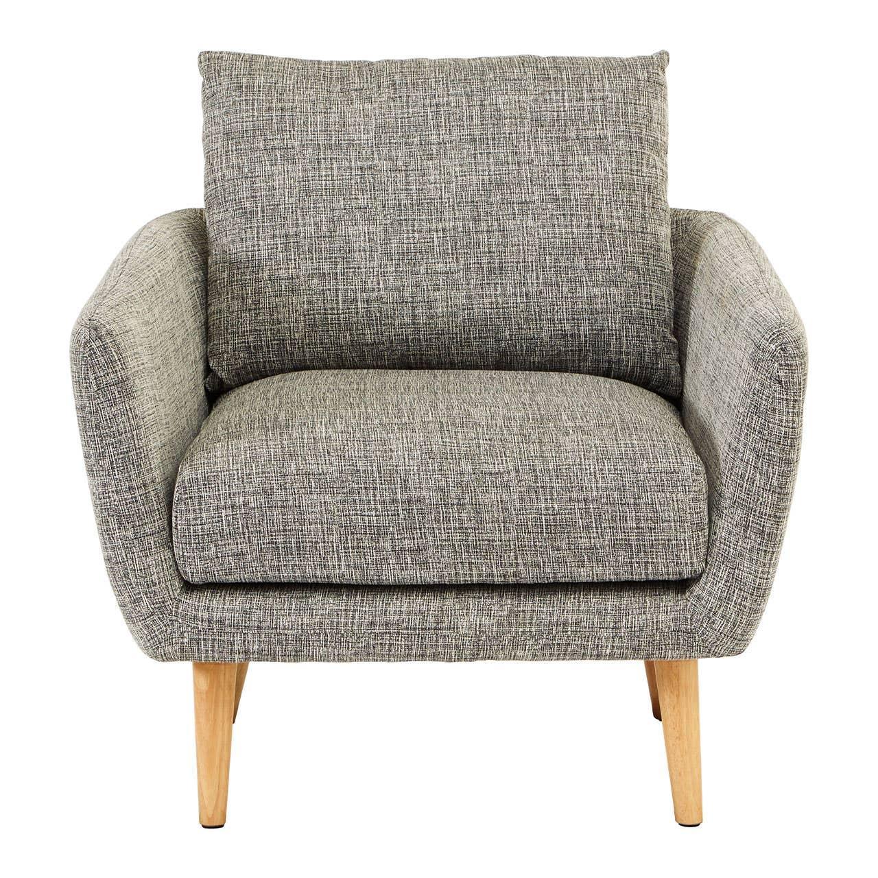 Grey fabric armchair with wooden legs, straight-on view, modern living room seating