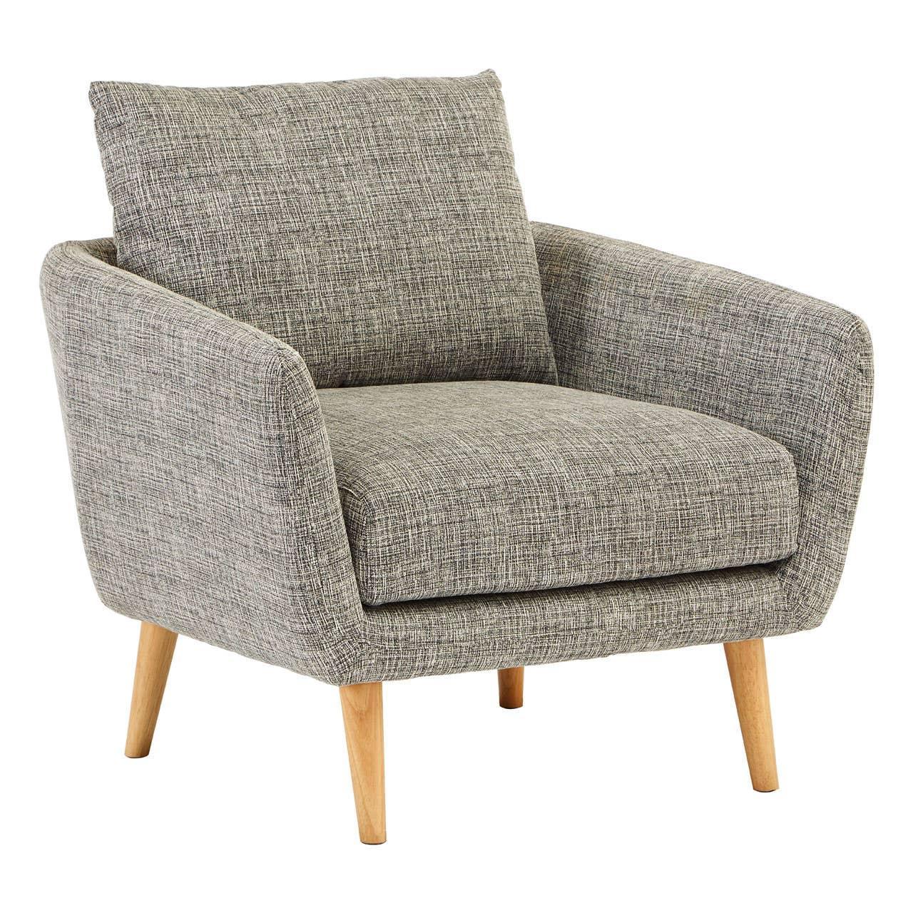 Grey fabric armchair with wooden legs and cushioned seat in modern style