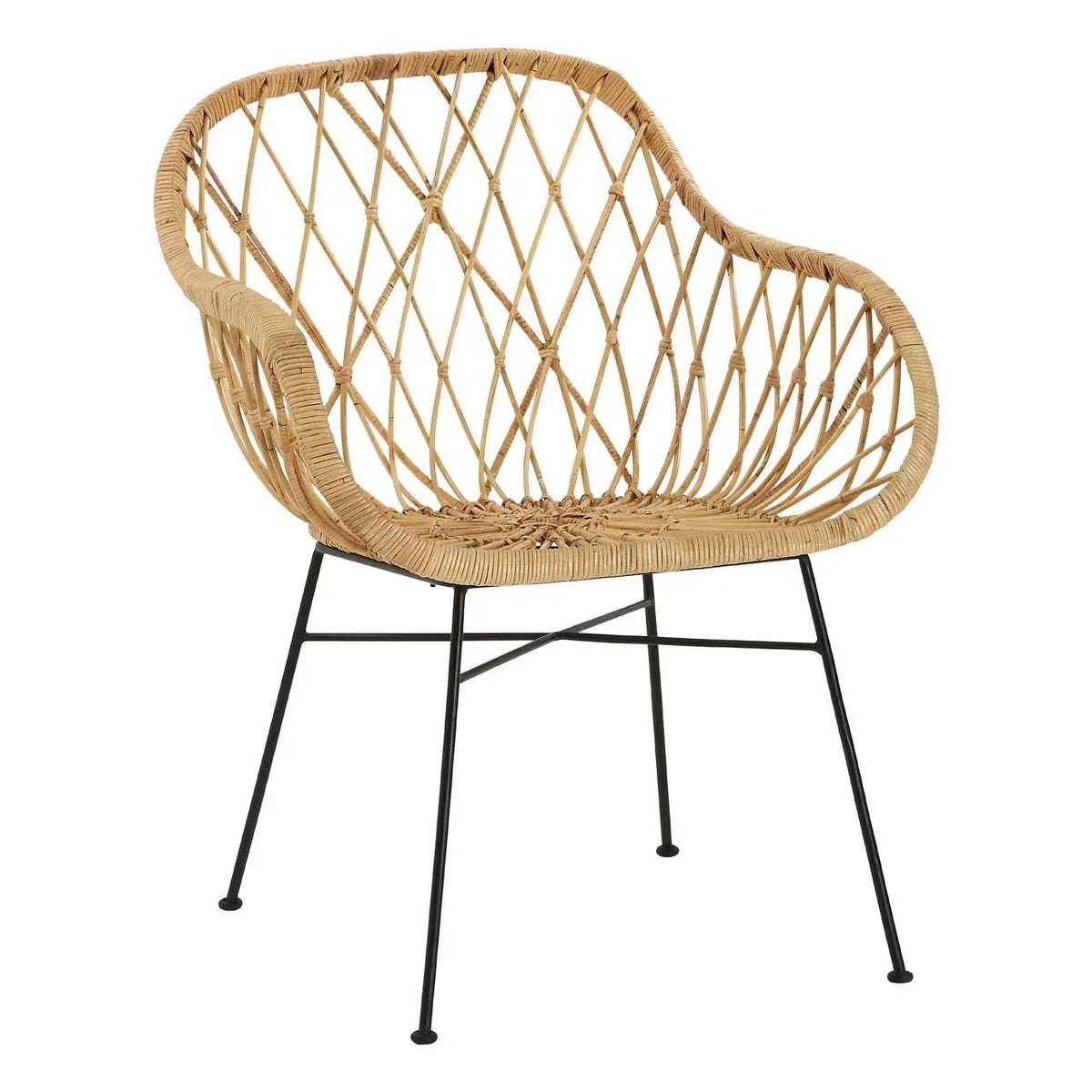 Rattan armchair with black metal legs and woven seat, modern accent chair design