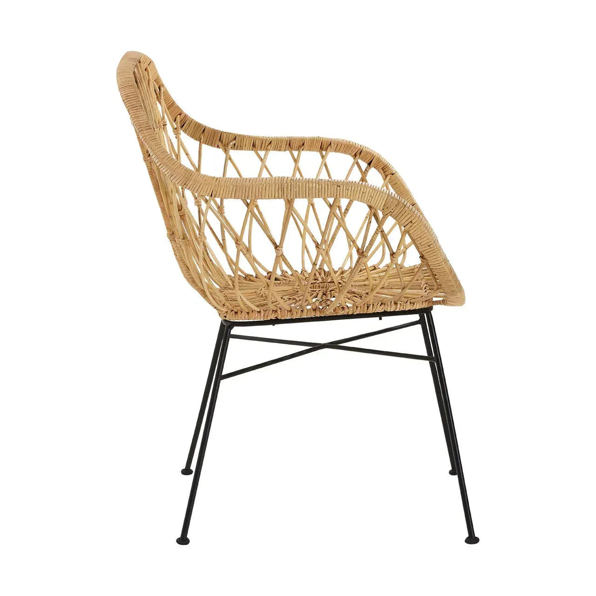 Side view of rattan dining chair with woven seat and black metal legs