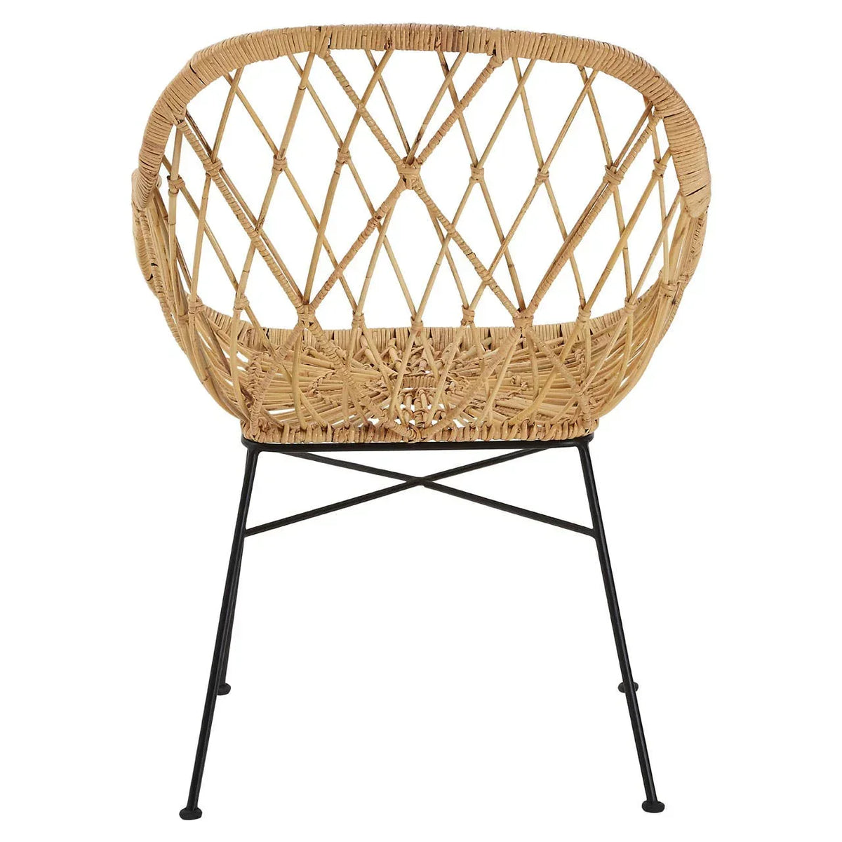 Natural rattan chair with diamond weave backrest and black metal legs, rear angle view