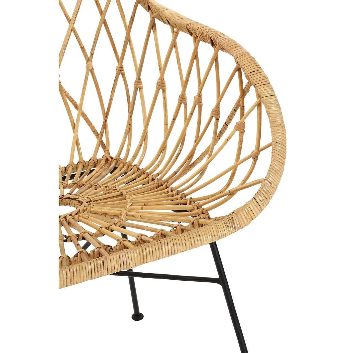 Natural rattan chair with woven seat and black metal legs, close-up angle