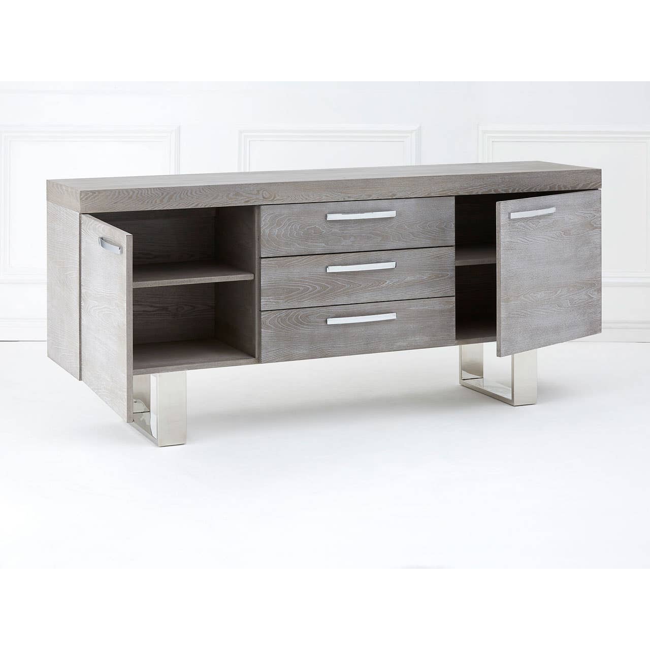 Grey Elm Wood Sideboard - Luxe Storage Solution with Stainless Steel Accents