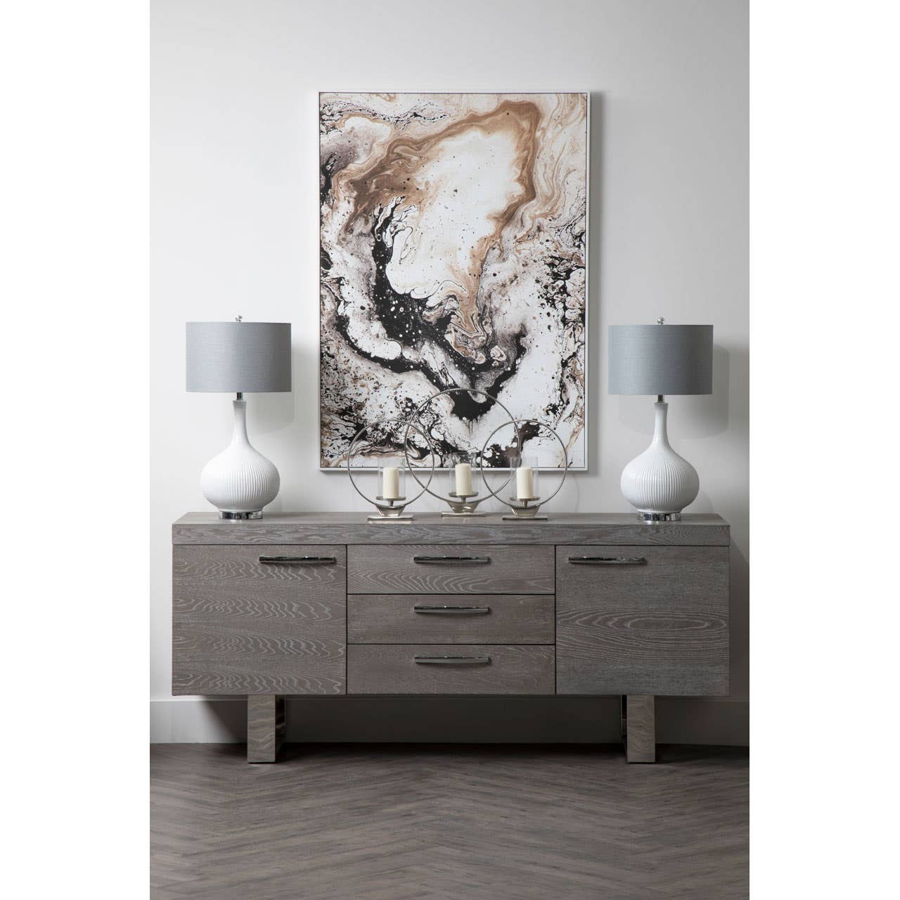 Grey Elm Wood Sideboard - Luxe Storage Solution with Stainless Steel Accents
