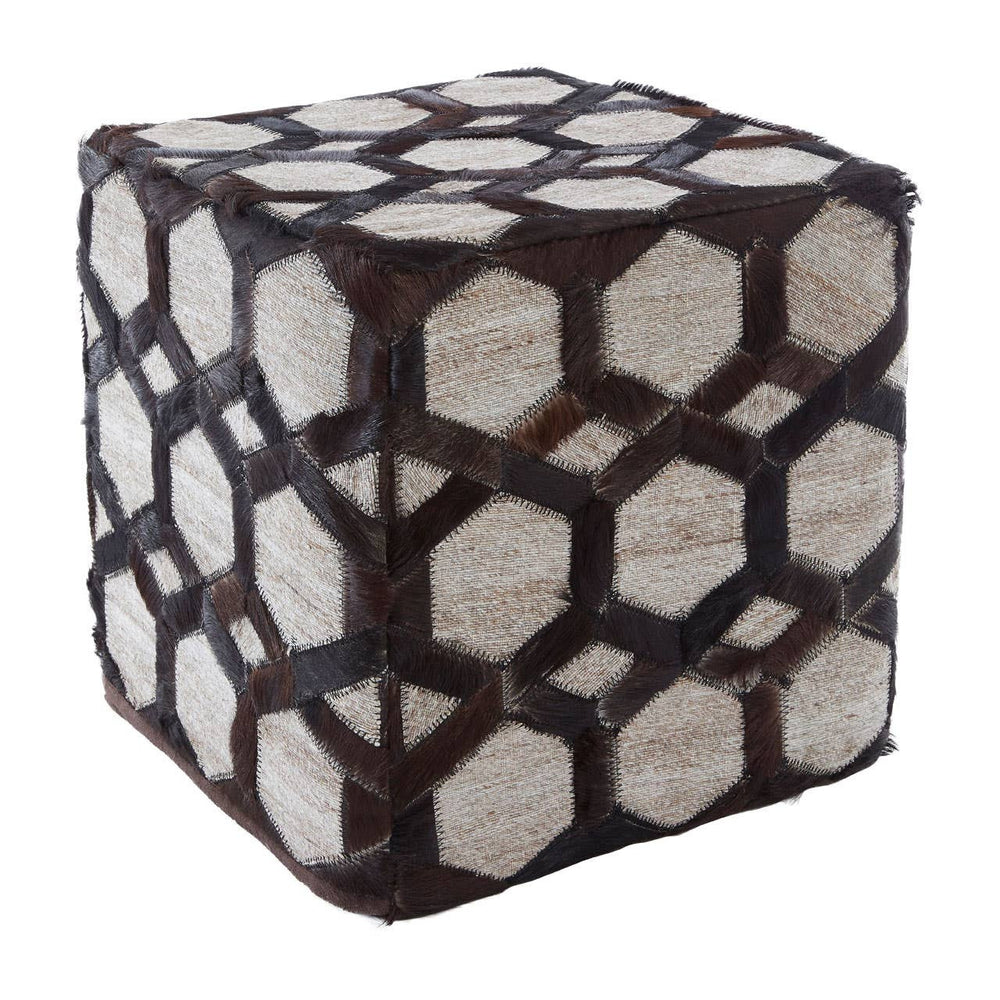 Square pouffe featuring a patchwork design with grey leather and cream-colored fabric, showcasing a geometric pattern. The pouffe has a sturdy structure and is suitable for use as a footrest or additional seating