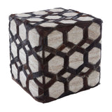 Square pouffe featuring a patchwork design with grey leather and cream-colored fabric, showcasing a geometric pattern. The pouffe has a sturdy structure and is suitable for use as a footrest or additional seating
