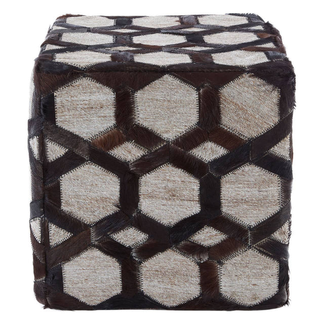 Grey leather patchwork pouffe featuring a hexagonal pattern in shades of grey and brown, with a soft texture and a cube shape, suitable for use as a footrest or additional seating