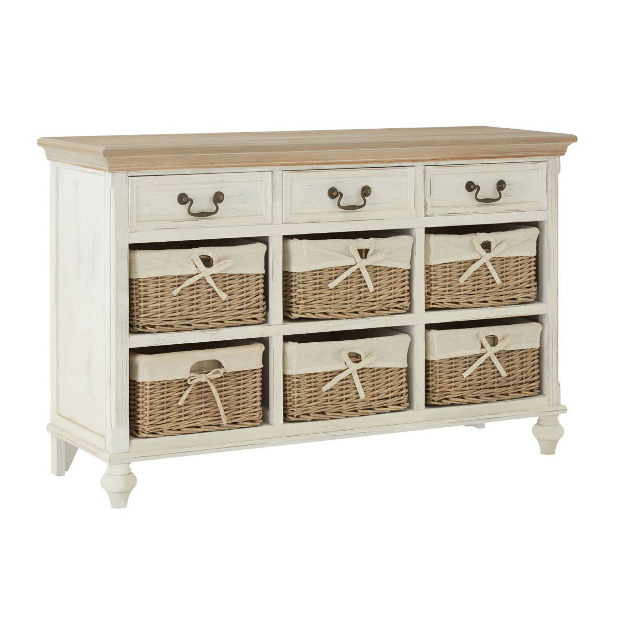A white storage cabinet featuring a natural wood top and six woven willow baskets, arranged in two rows of three. Each basket has a decorative front and is designed for easy access. The cabinet stands on four sturdy legs, adding a touch of elegance to any home decor
