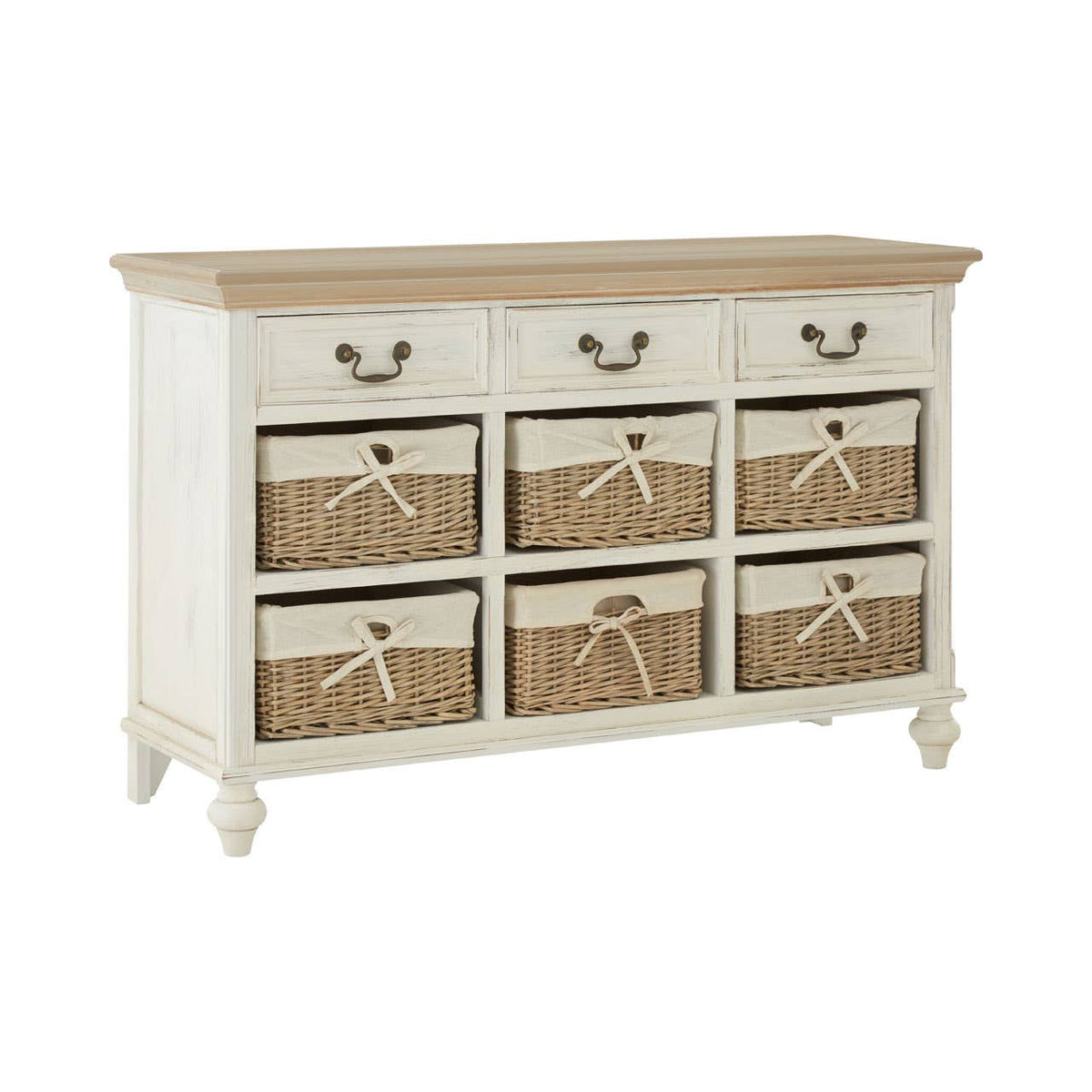 A cream-colored storage cabinet featuring a wooden top and six woven willow baskets arranged in two rows. The cabinet has three small drawers at the top with decorative handles, and the overall design is elegant and functional, suitable for home organization