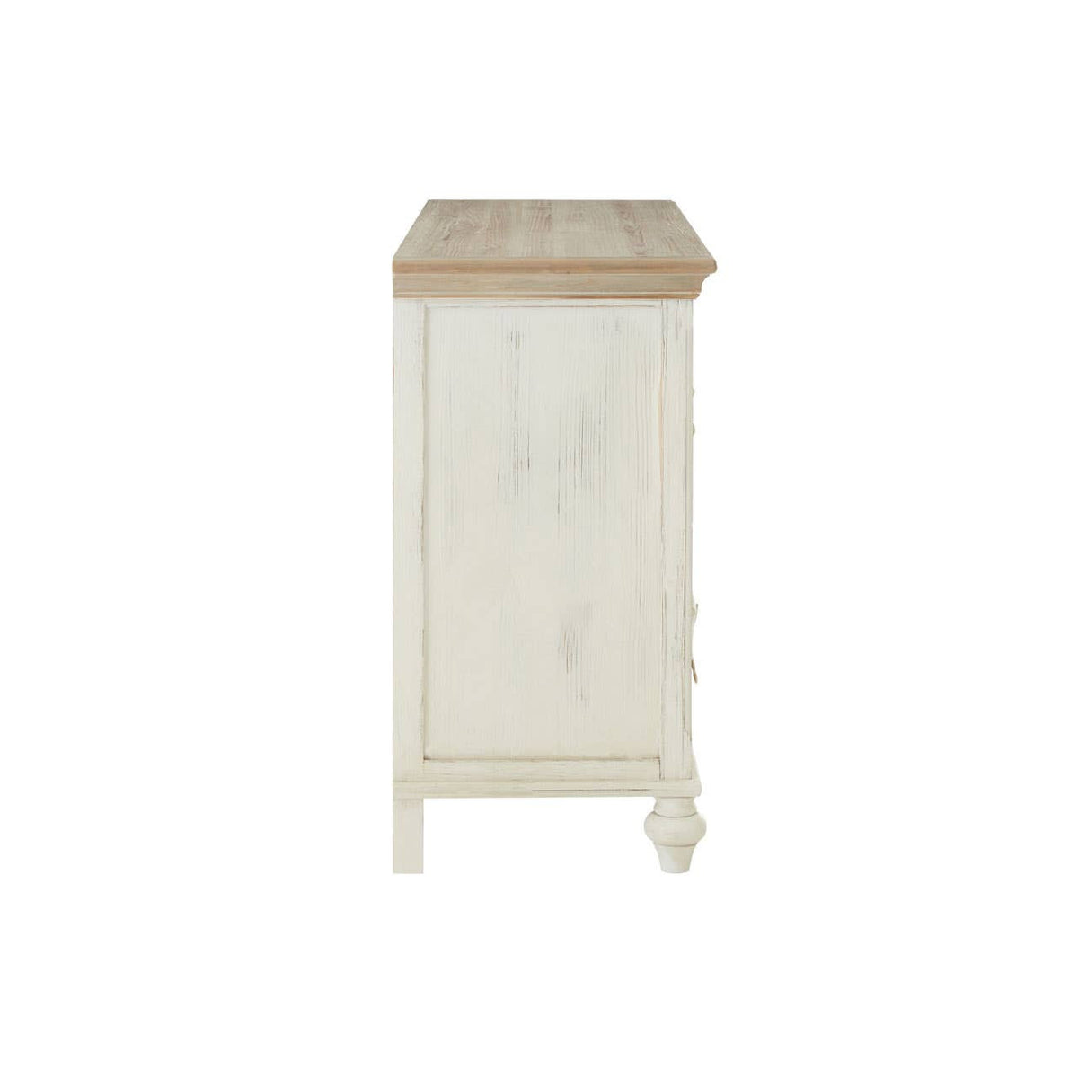 A tall, white storage cabinet featuring a natural wood top and two doors, complemented by six woven willow baskets for organization. The cabinet stands on four legs, showcasing a clean and modern design suitable for home decor