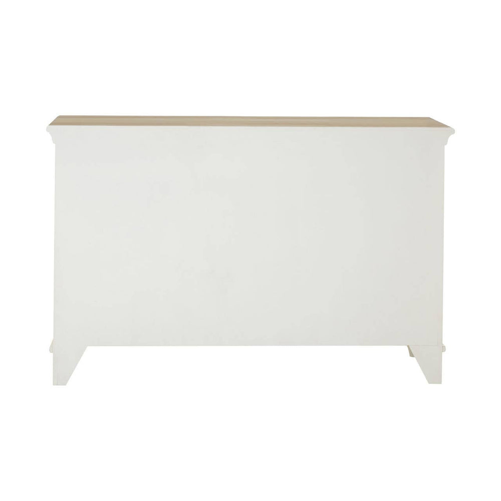 A white storage cabinet featuring a smooth, light wood top and six woven willow baskets arranged in two rows, providing a stylish and functional storage solution for home organization