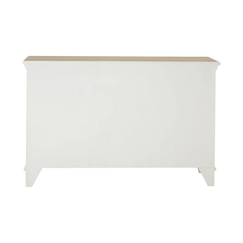 A white storage cabinet featuring a smooth, light wood top and six woven willow baskets arranged in two rows, providing a stylish and functional storage solution for home organization