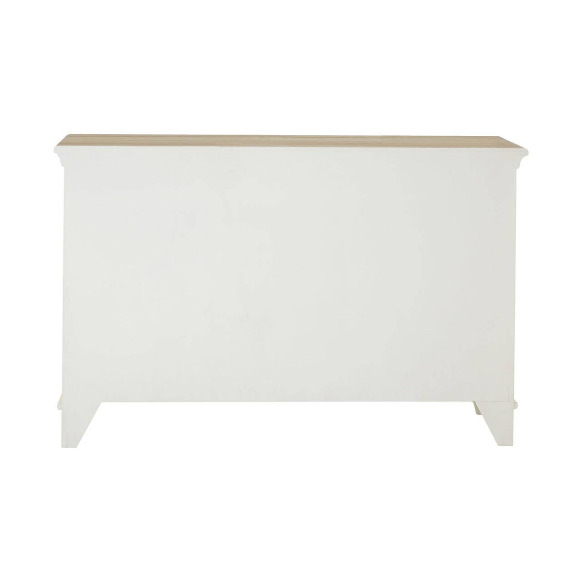 A white storage cabinet featuring a smooth, light wood top and six woven willow baskets arranged in two rows, providing a stylish and functional storage solution for home organization