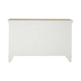 A white storage cabinet featuring a smooth, light wood top and six woven willow baskets arranged in two rows, providing a stylish and functional storage solution for home organization