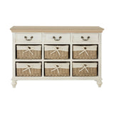 A white storage cabinet featuring a natural wood top and six woven willow baskets arranged in two rows. Each basket has a decorative front and is designed for easy access, with metal handles on the cabinet drawers above. The cabinet stands on four elegantly curved legs, adding a touch of sophistication to the overall design