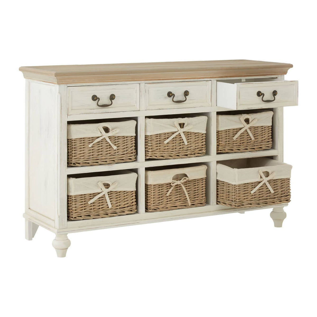 A white storage cabinet featuring a wooden top, six woven willow baskets in a natural color, and three small drawers with metal handles. The cabinet has a classic design with rounded legs, providing a stylish and functional storage solution for home decor