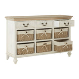 A white storage cabinet featuring a wooden top, six woven willow baskets in a natural color, and three small drawers with metal handles. The cabinet has a classic design with rounded legs, providing a stylish and functional storage solution for home decor