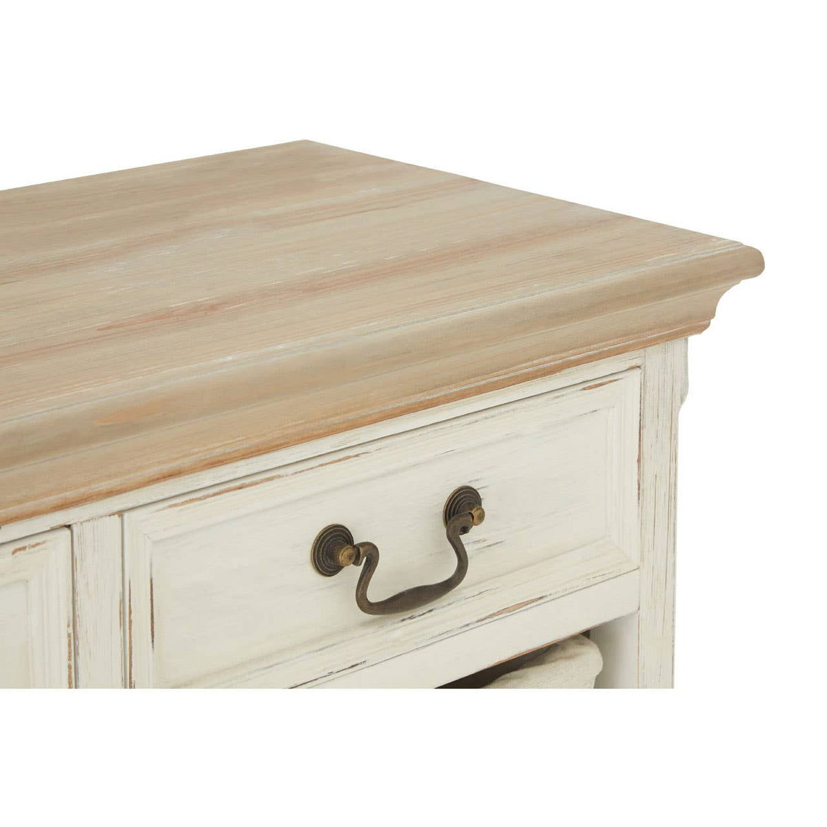 Top view of a Hendra storage cabinet featuring a light wood surface and a decorative edge, with a single drawer that has a metal handle. The cabinet has a distressed white finish, showcasing its rustic charm