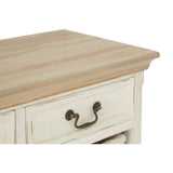 Top view of a Hendra storage cabinet featuring a light wood surface and a decorative edge, with a single drawer that has a metal handle. The cabinet has a distressed white finish, showcasing its rustic charm
