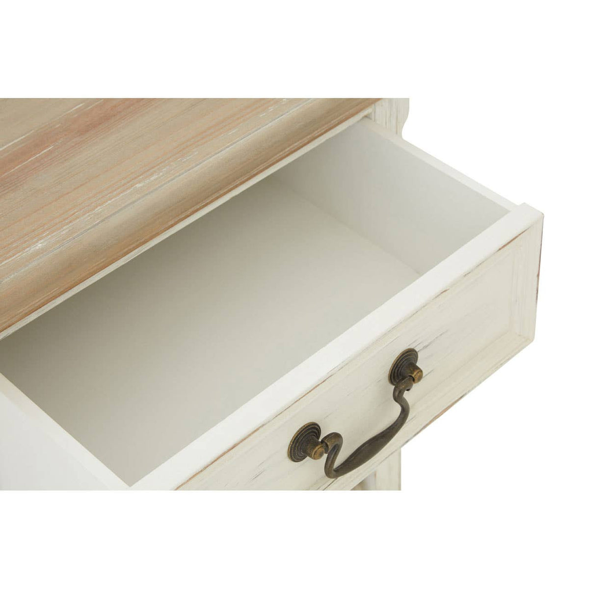 A close-up view of an open drawer from the Hendra Storage Cabinet, featuring a smooth white interior and a decorative metal handle. The top of the cabinet shows a light wood finish, providing a contrast to the white drawer