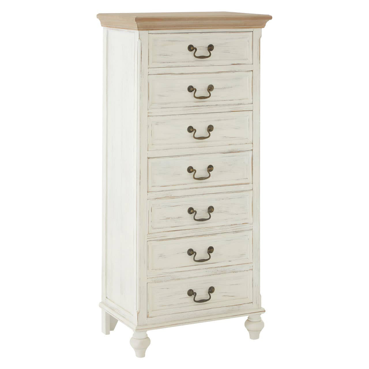 Tall antique-style chest featuring seven drawers with metal handles, a light wood top, and a distressed white finish. The chest stands on four decorative legs, showcasing a classic design suitable for home decor