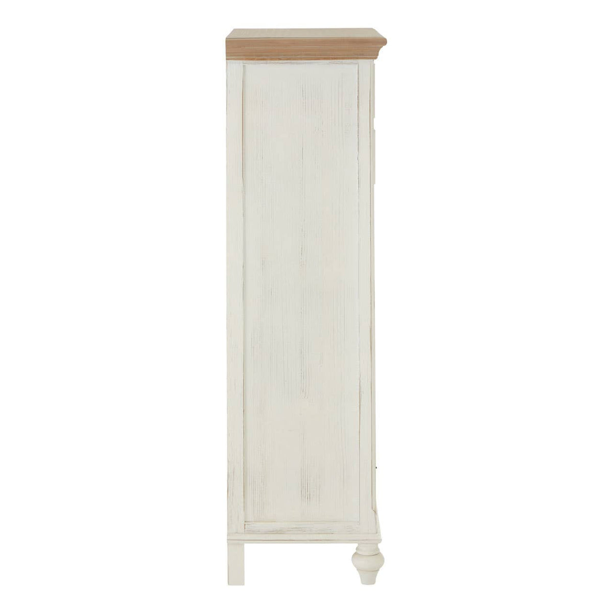 Antique style chest featuring seven drawers with a light-colored wooden top and a distressed white finish, showcasing elegant detailing and a classic design suitable for home decor