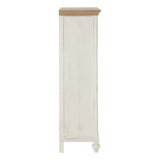 Antique style chest featuring seven drawers with a light-colored wooden top and a distressed white finish, showcasing elegant detailing and a classic design suitable for home decor