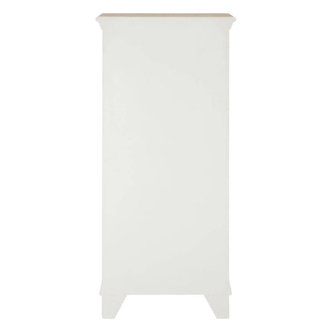 Antique-style chest featuring seven drawers with a smooth white finish and a light wood top, supported by tapered legs