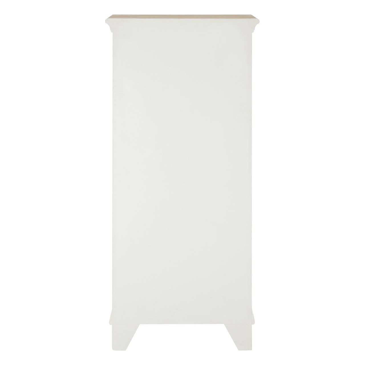 Antique-style chest featuring seven drawers with a smooth white finish and a light wood top, supported by tapered legs