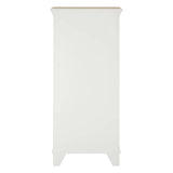 Antique-style chest featuring seven drawers with a smooth white finish and a light wood top, supported by tapered legs