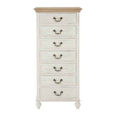 Antique style chest featuring a light-colored wooden top and a distressed white finish, with seven drawers adorned with metal handles, standing on elegantly curved legs
