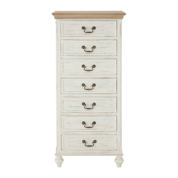 Antique style chest featuring a light-colored wooden top and a distressed white finish, with seven drawers adorned with metal handles, standing on elegantly curved legs