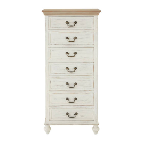 Antique style chest featuring a light-colored wooden top and a distressed white finish, with seven drawers adorned with metal handles, standing on elegantly curved legs